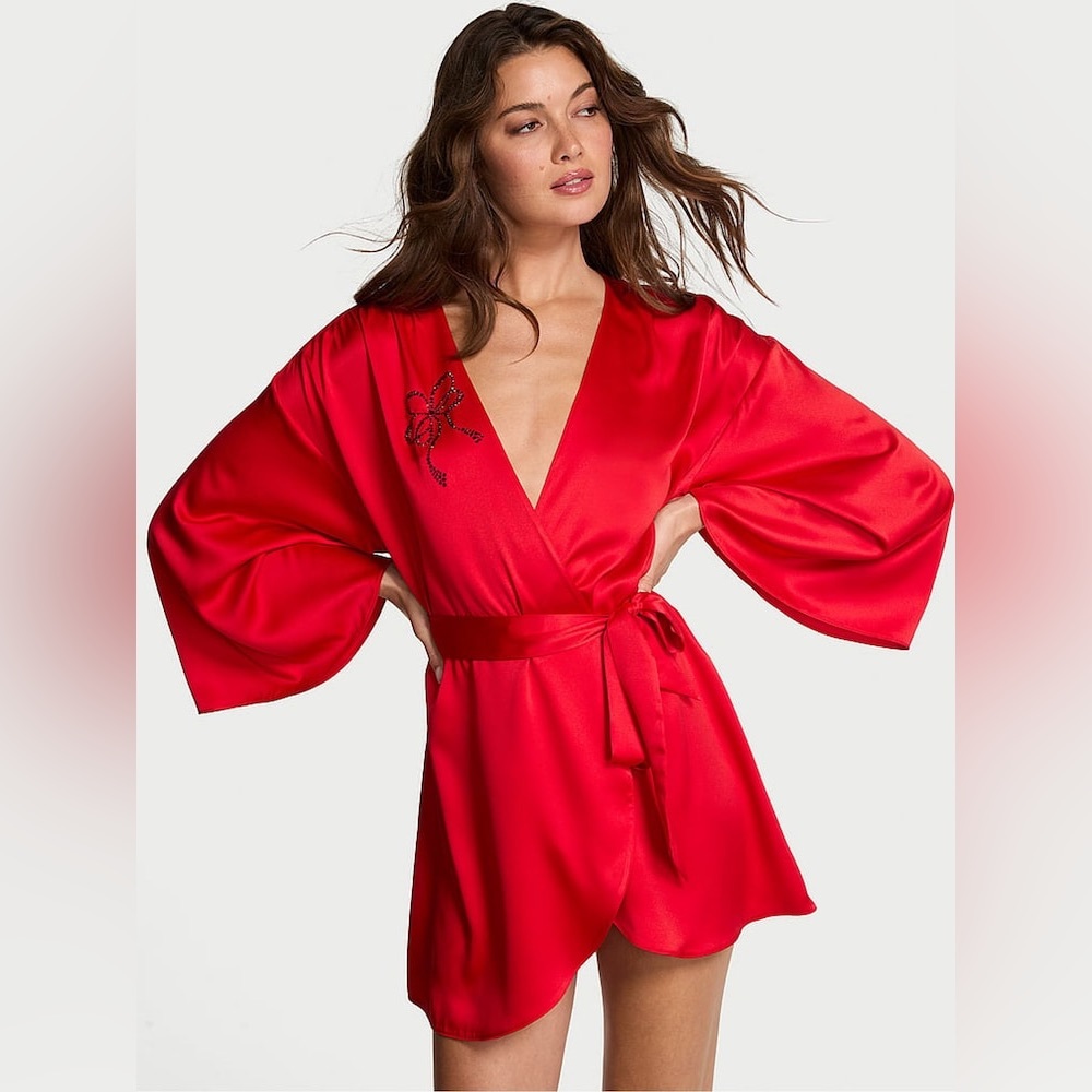Vermillion Kimono Satin Robe with Crystal Bow